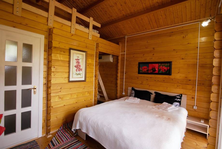 Wooden cabin bedroom with white bed, log walls, and glass entrance door