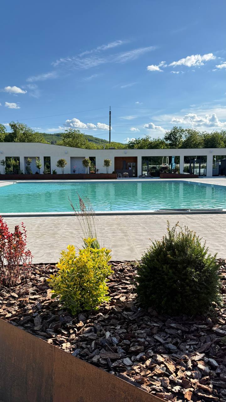 Modern pool complex with contemporary pavilion building and manicured outdoor grounds