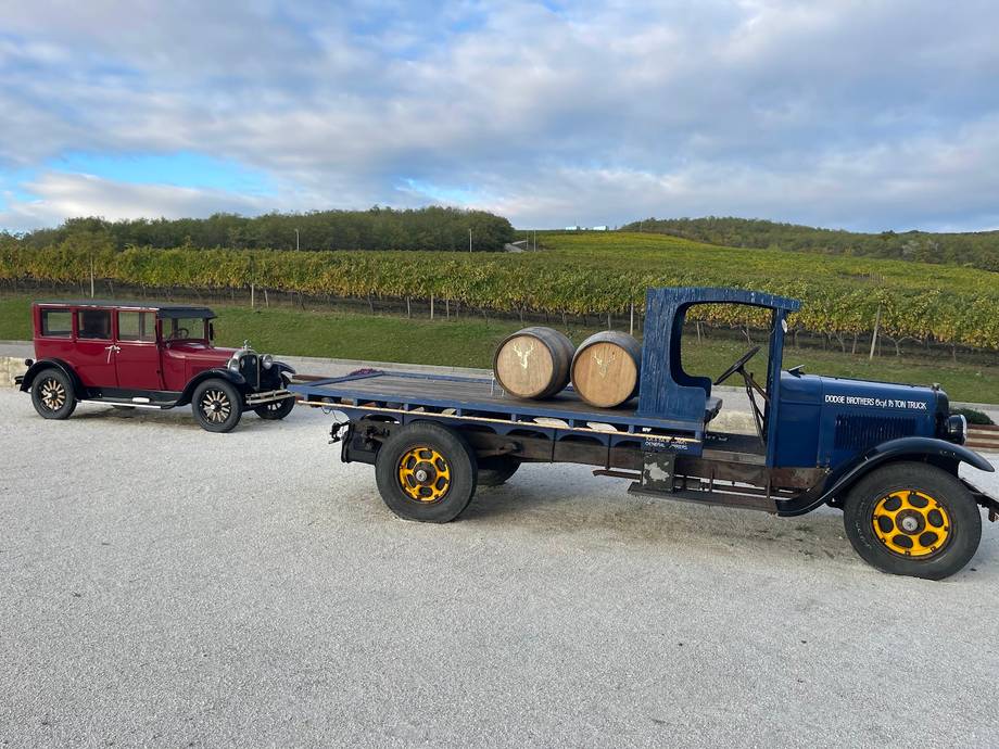Vintage truck display with vineyard rows and barrels in background