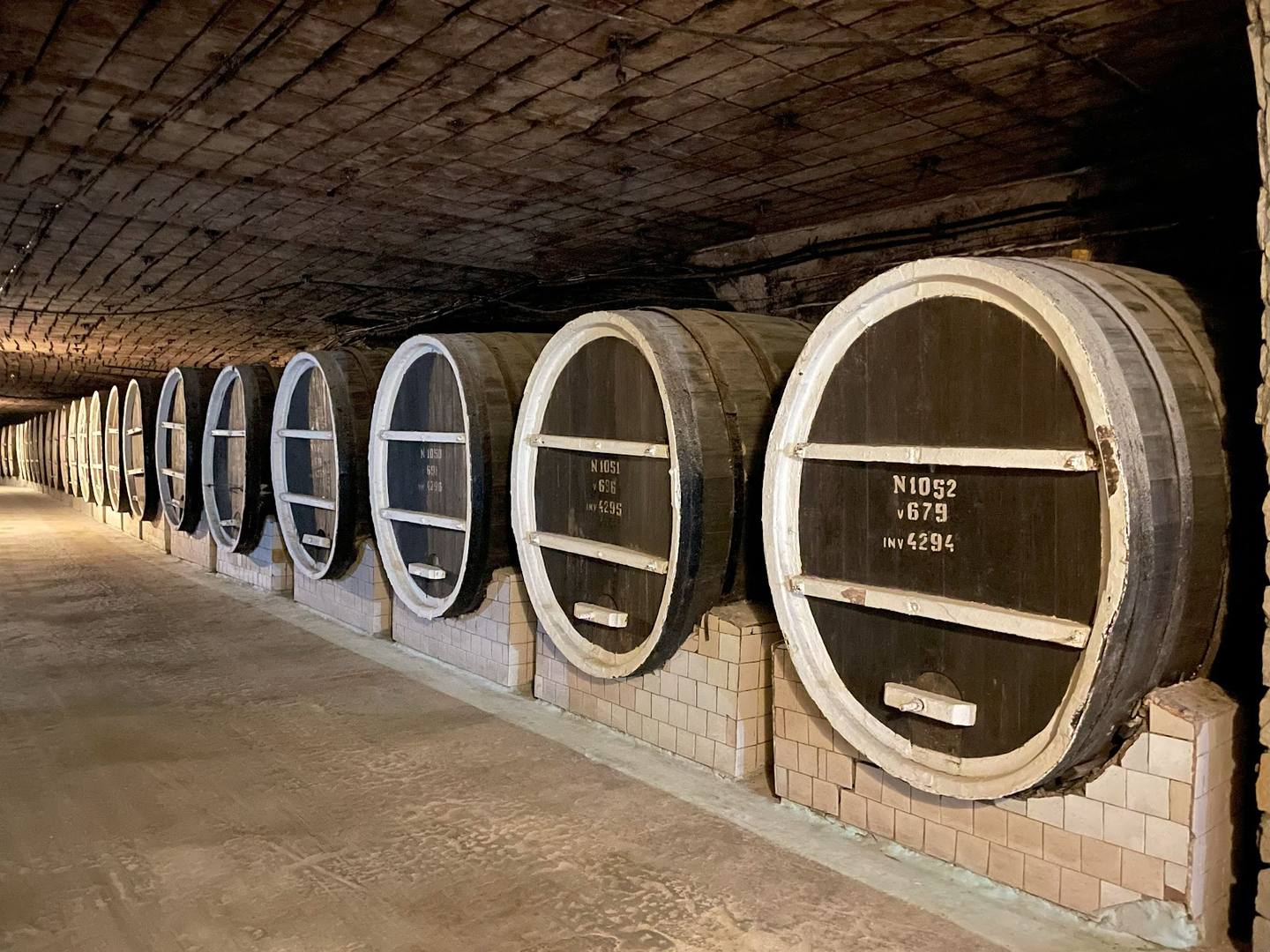 Wine cellar with rows of wooden aging barrels under arched brick ceiling