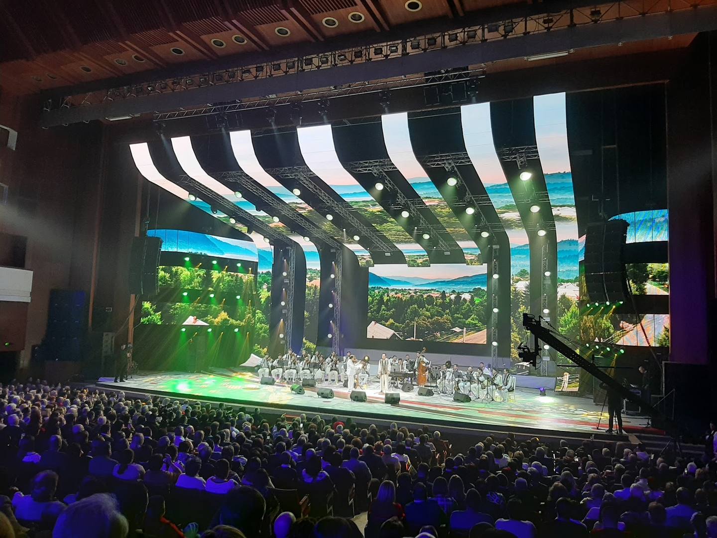 Large concert hall with full audience and illuminated stage with vegetation backdrop