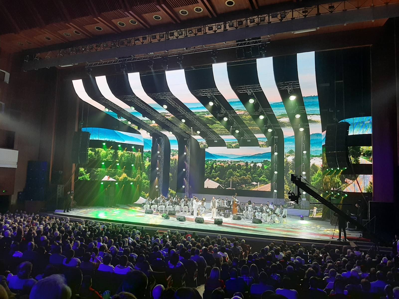 Large concert hall with full audience and illuminated stage with vegetation backdrop