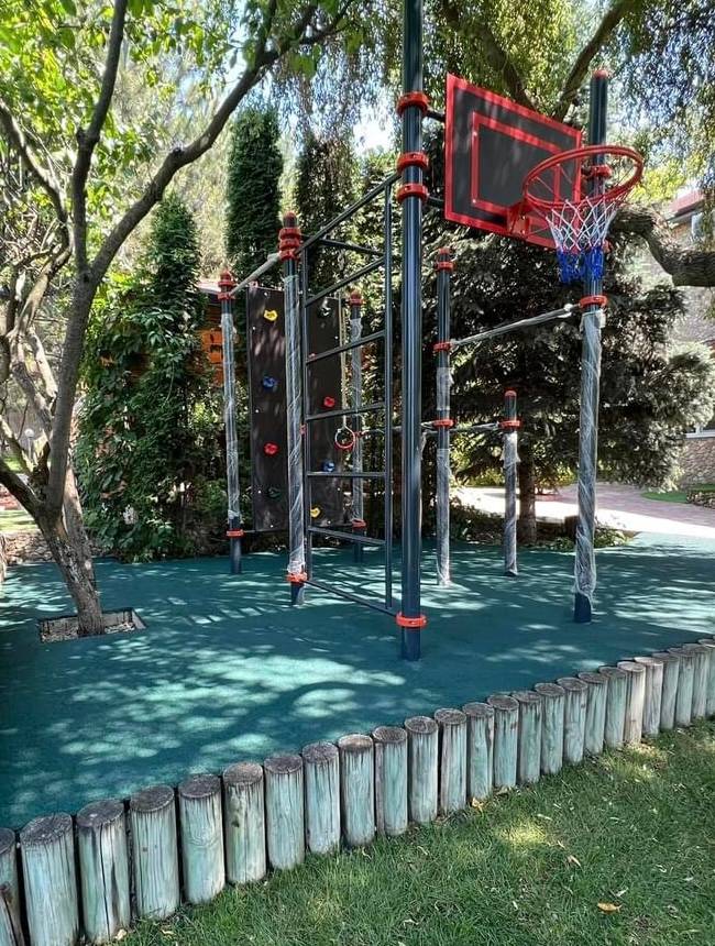Outdoor basketball court with safety flooring, shade trees, and contemporary equipment setup