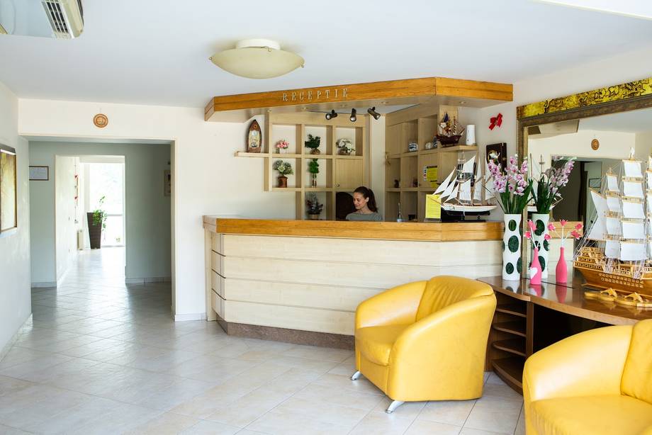 Bright spa reception area with reception desk, yellow armchairs, and wellness products display