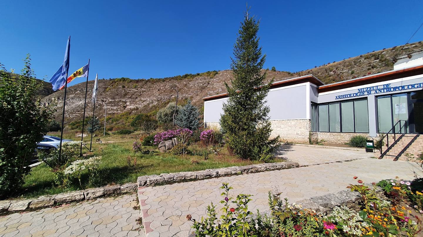 Modern building with white façade, flags, and landscaped grounds on hillside location