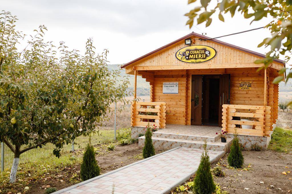 Wooden log cabin exterior with signage and paved entrance in rural setting