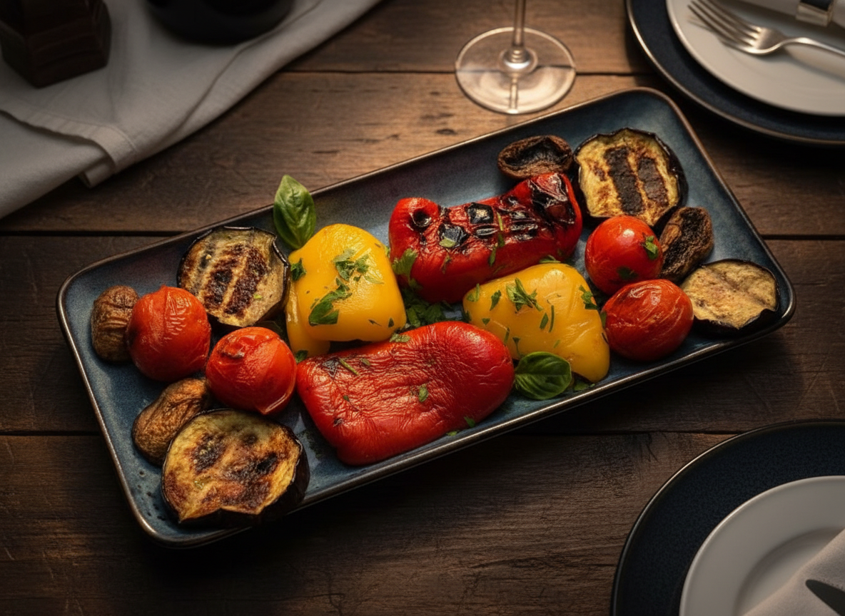 Grilled vegetables platter with bell peppers, eggplant, and tomatoes