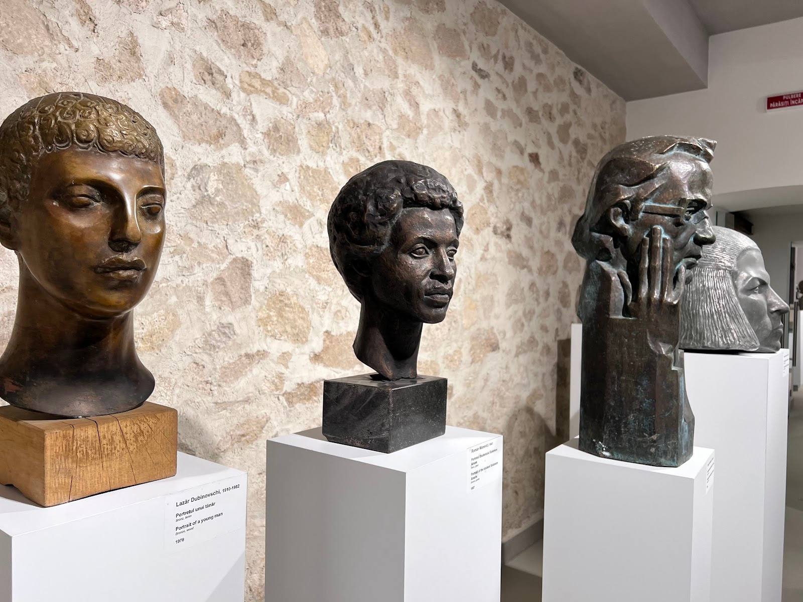 Bronze sculptural busts displayed on white pedestals against textured stone wall