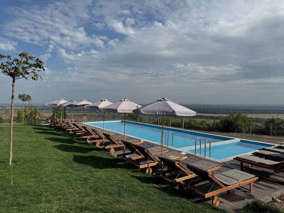 Luxury resort terrace with infinity pool, loungers, and scenic valley views