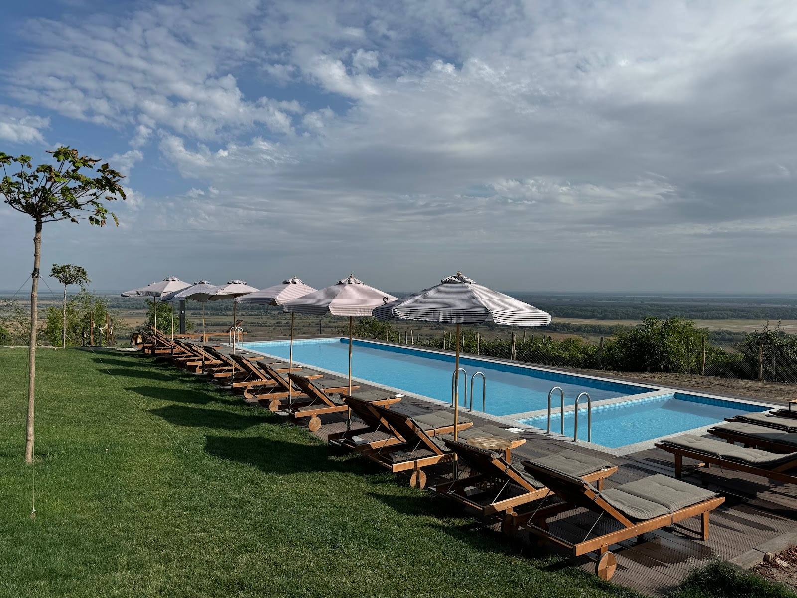 Luxury resort terrace with infinity pool, loungers, and scenic valley views