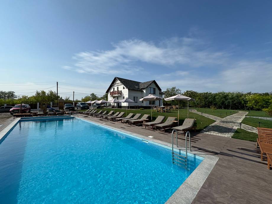Swimming pool with loungers and manor house in sunlit grounds