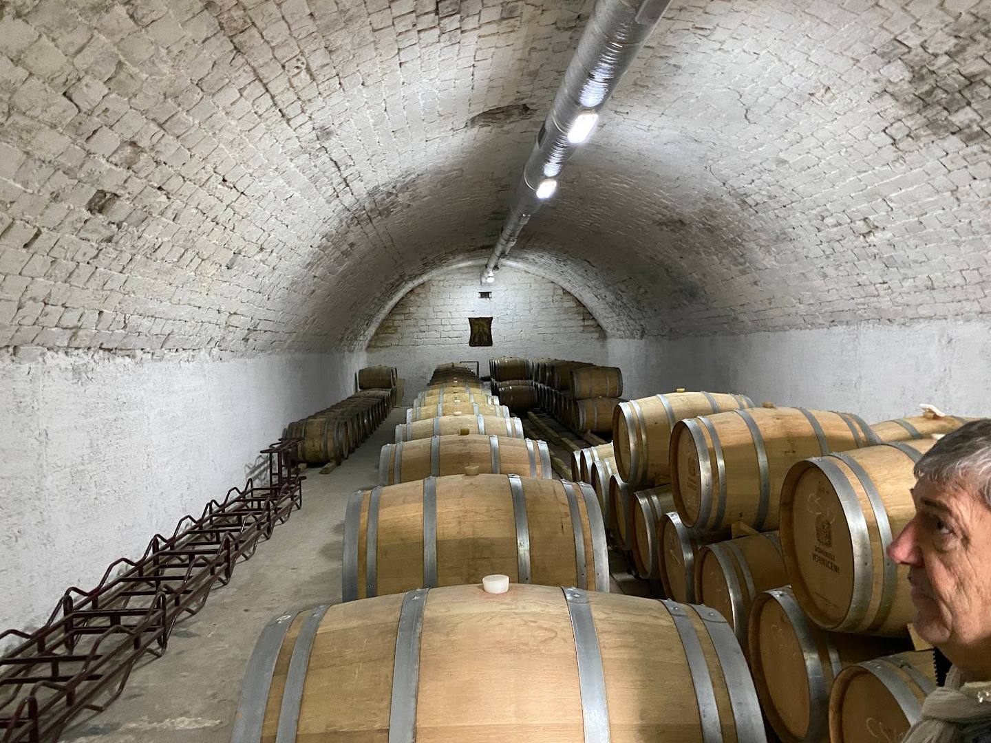 Wine barrel aging in stone-vaulted underground cellar tunnel