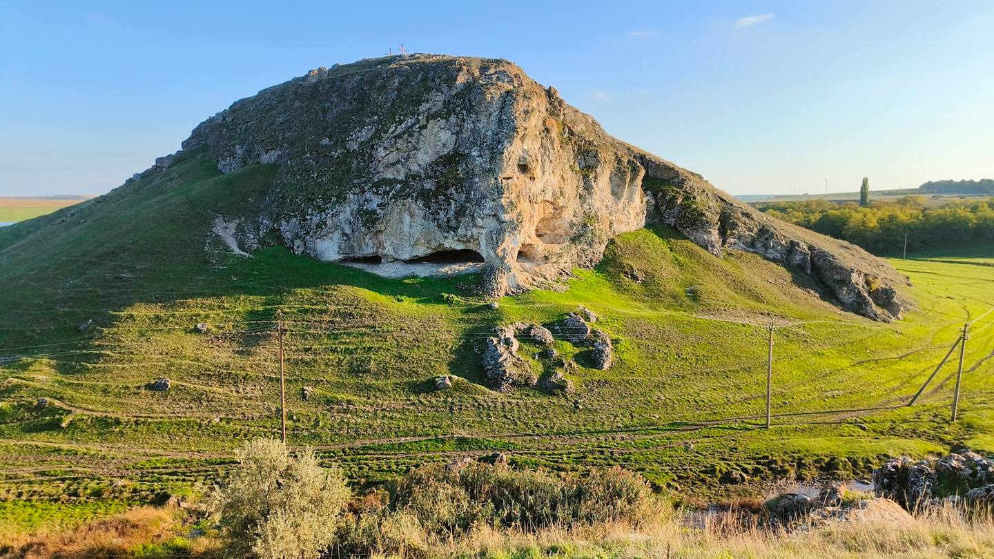 Rolling green hills with distinctive limestone outcrop and vineyard rows