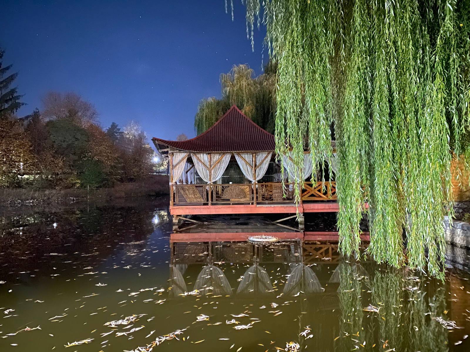 Waterside pavilion with weeping willow and pond setting
