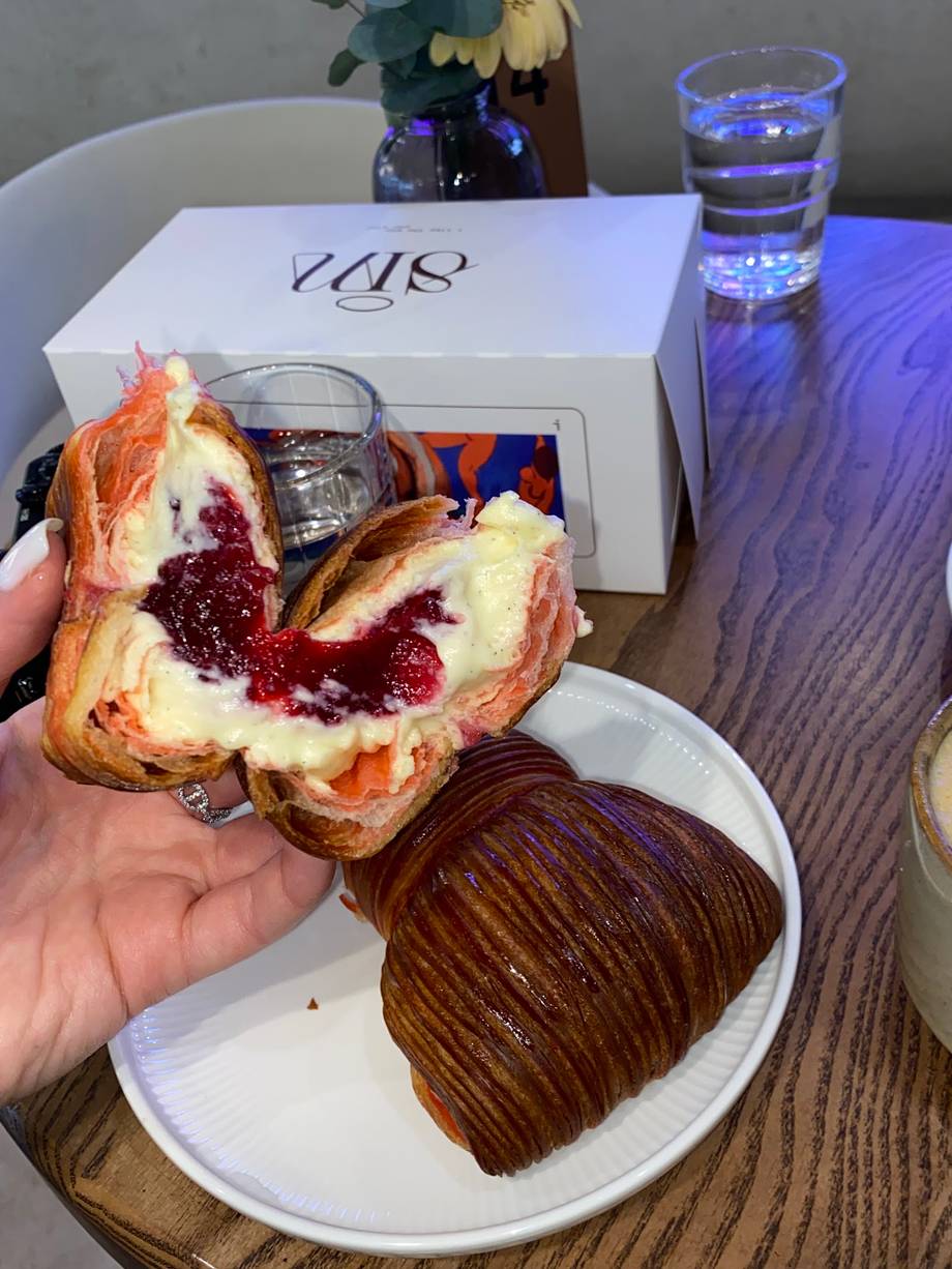 Pastry platter with jam-filled croissant and chocolate pastry at VIR bakery