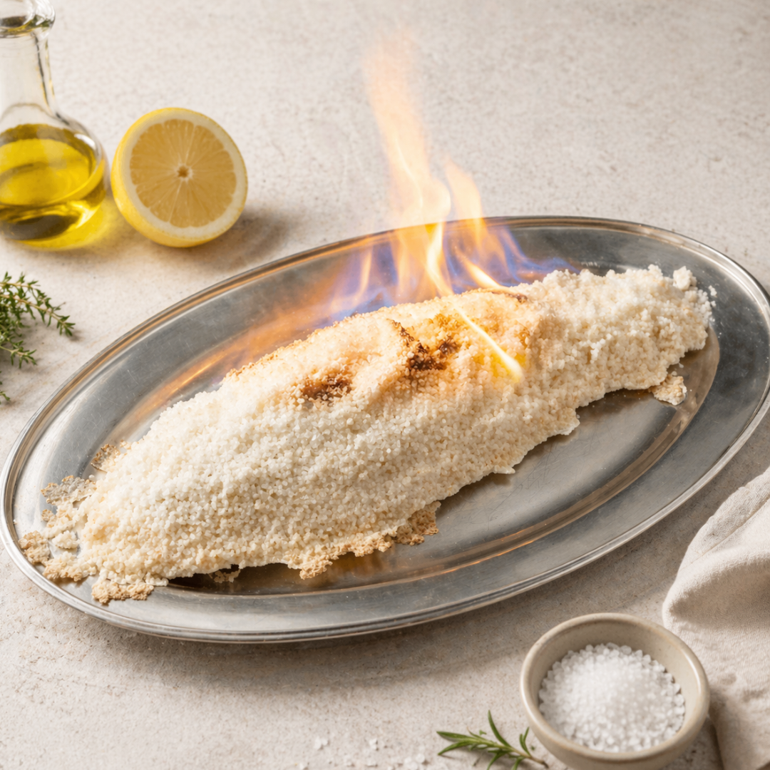 Tableside flambéed fish with flame presentation and lemon garnish