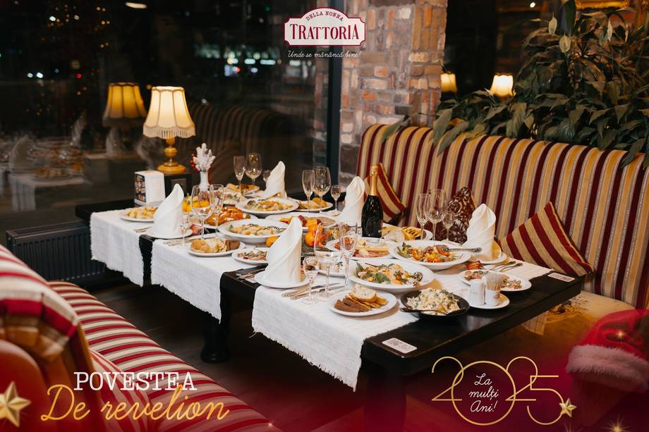 Festive dessert and catering display with striped seating and bar signage
