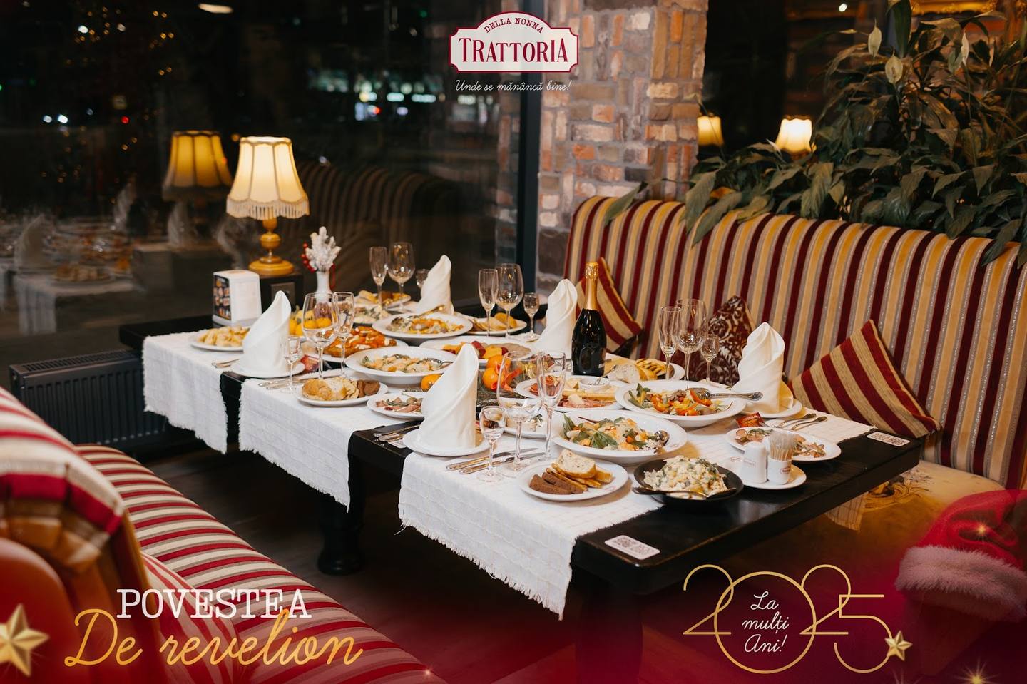 Festive dessert and catering display with striped seating and bar signage