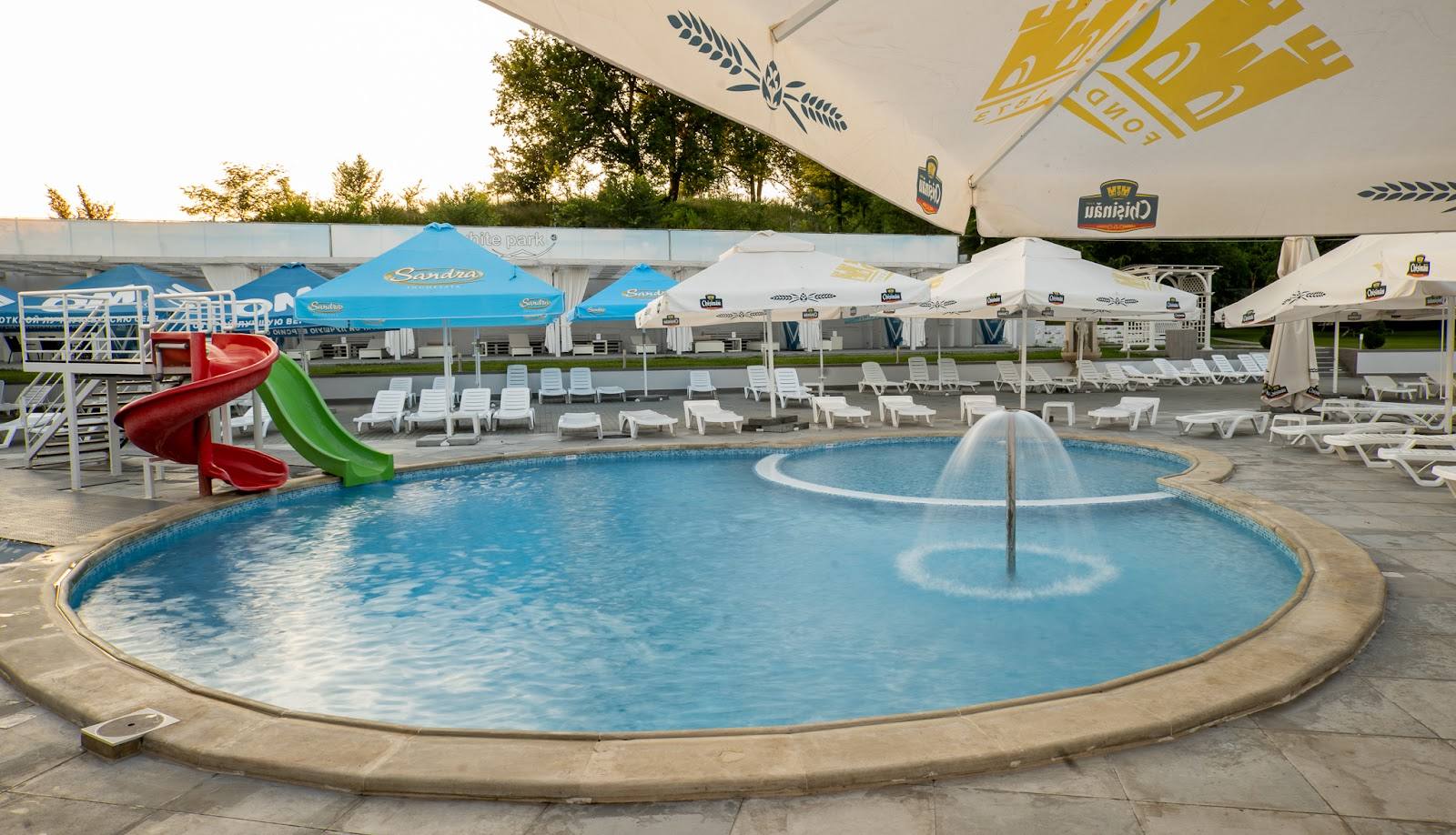 Resort pool area with water slide, fountain, and loungers overlooking grounds