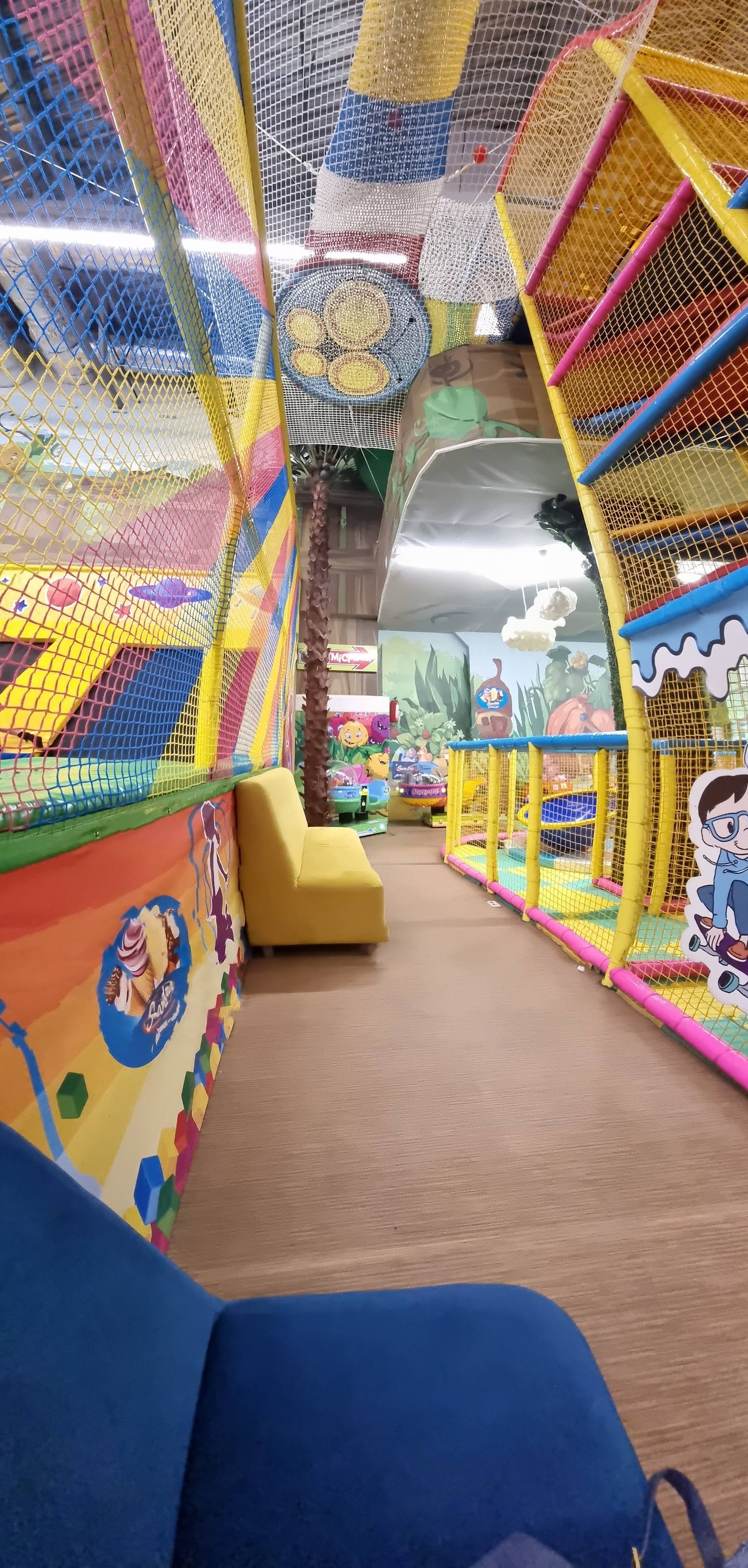 Colorful indoor play arena with mesh climbing structures and ball pits