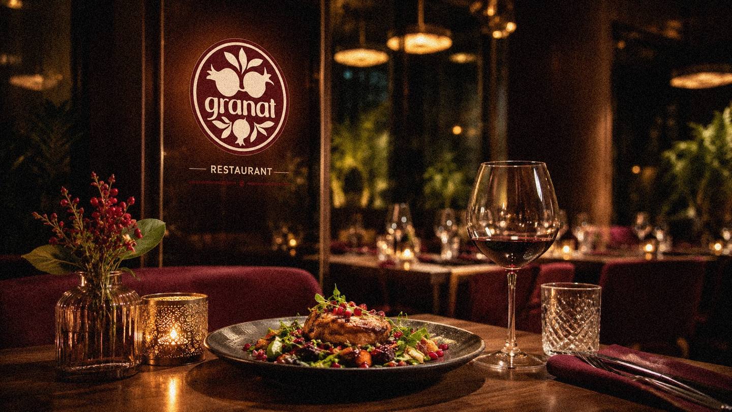 Table setting with plated salad, wine glass, and restaurant neon sign in warm ambient lighting