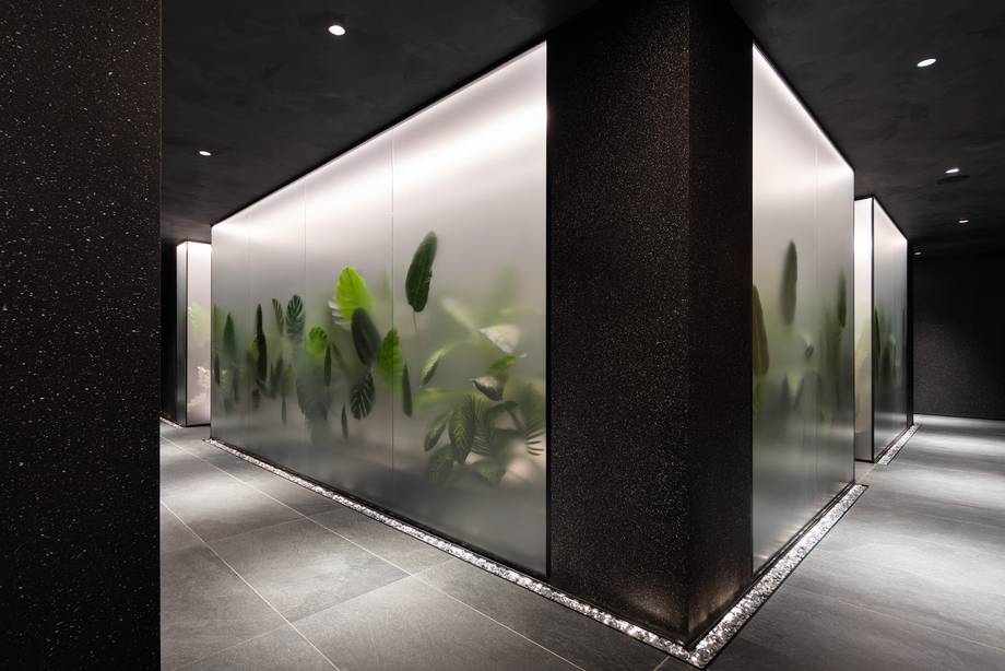 Modern botanical display with architectural lighting and minimalist columns