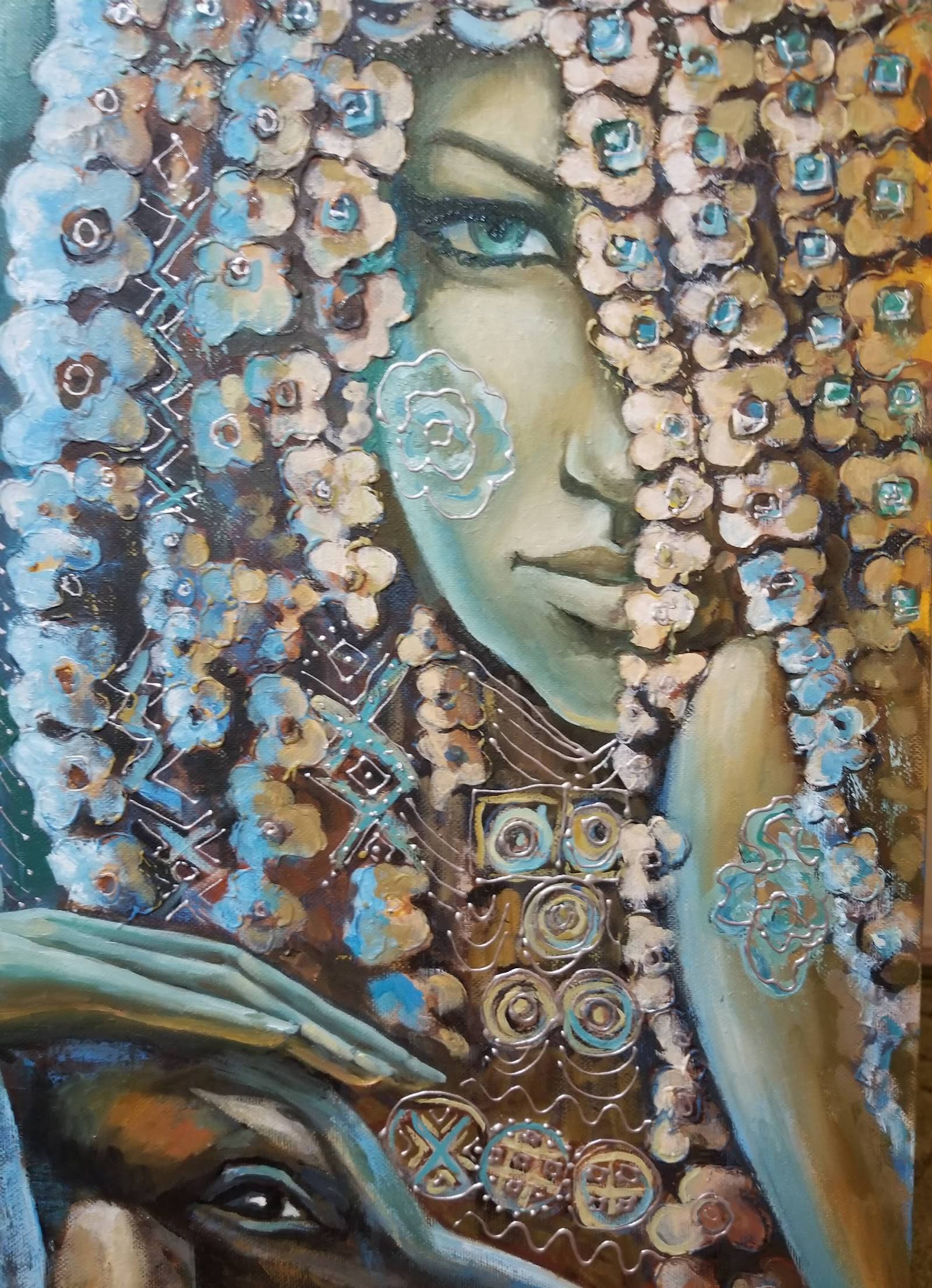 Mixed media artwork with textured portrait and decorative embellishments