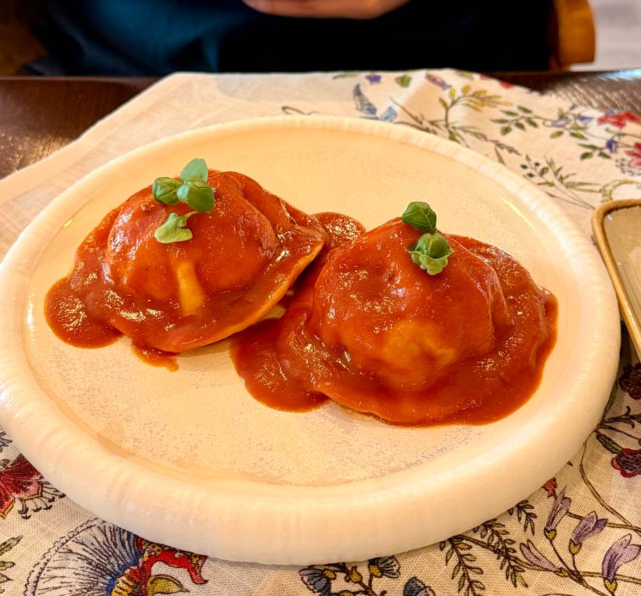 Plated dumplings in red sauce with microgreens garnish