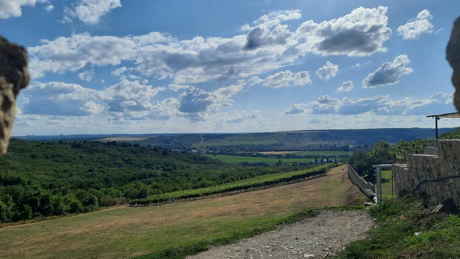 Panoramic vista from fortress viewpoint overlooking river valley and green hills