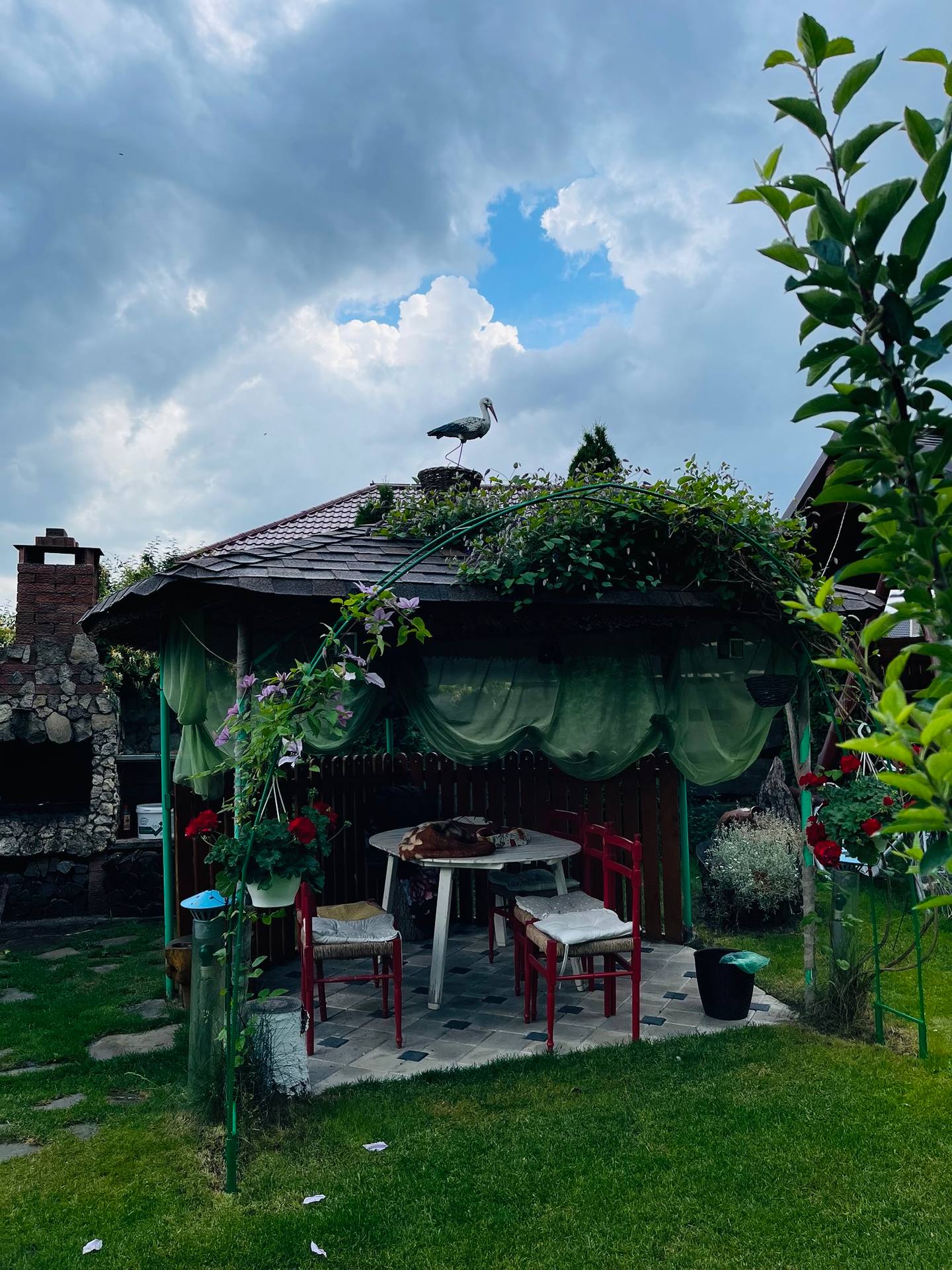 Outdoor terrace with green canopy-covered seating area and rustic wooden tables