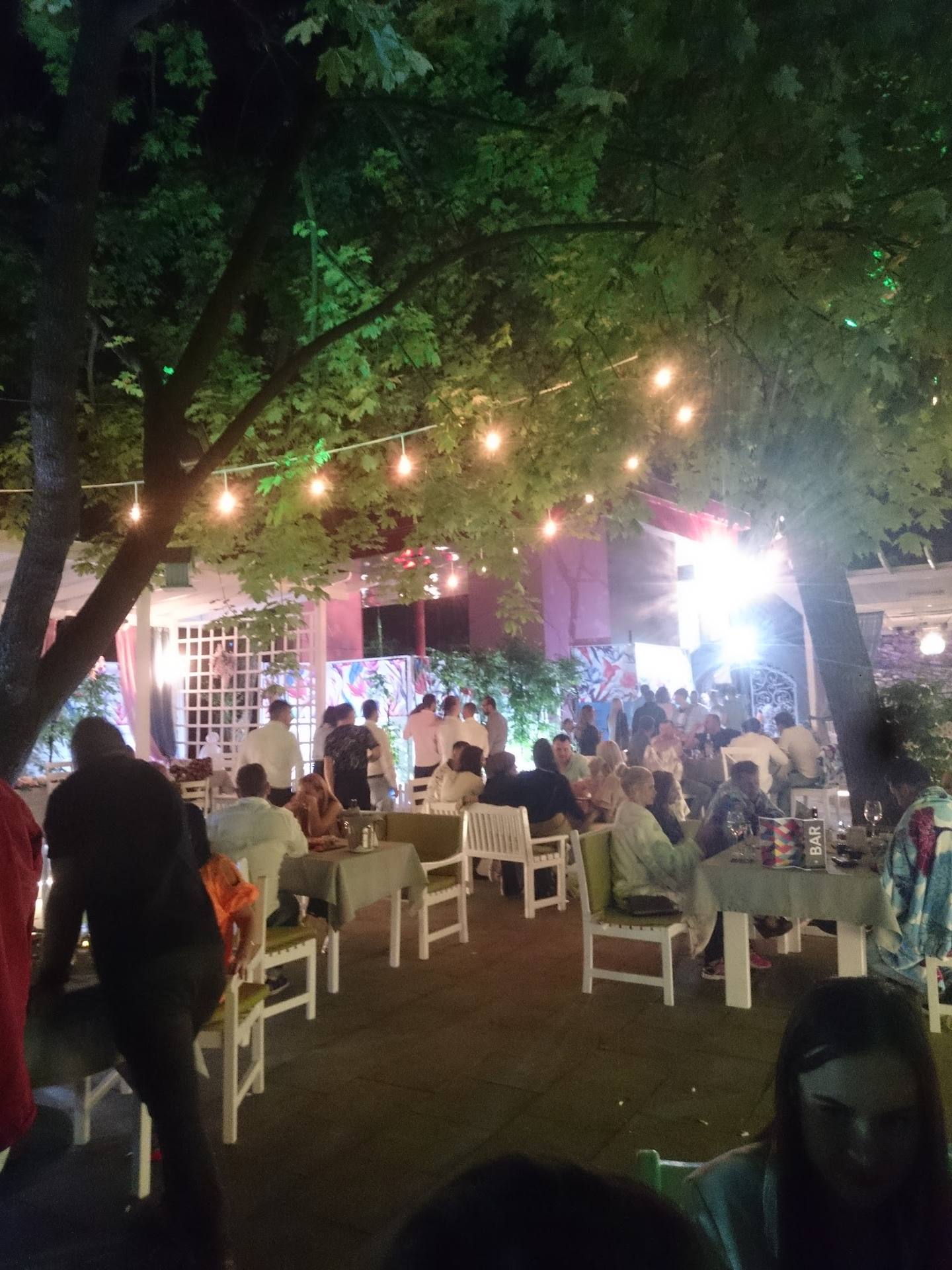 Outdoor garden terrace with atmospheric string lights and evening event setup