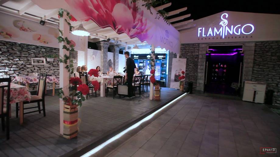 Flamingo nightclub interior with pink decor, neon signage, and dance floor