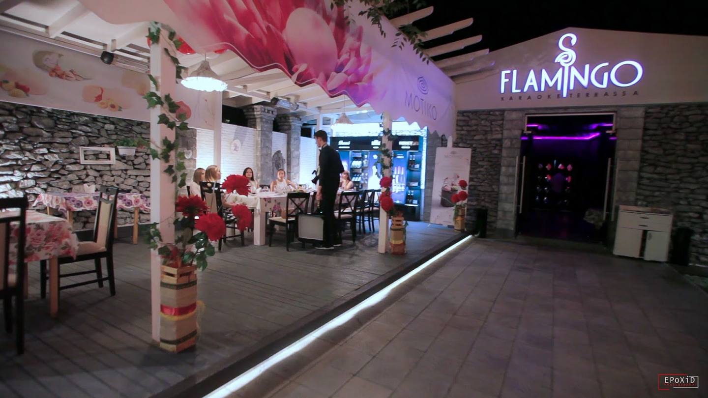 Flamingo nightclub interior with pink decor, neon signage, and dance floor