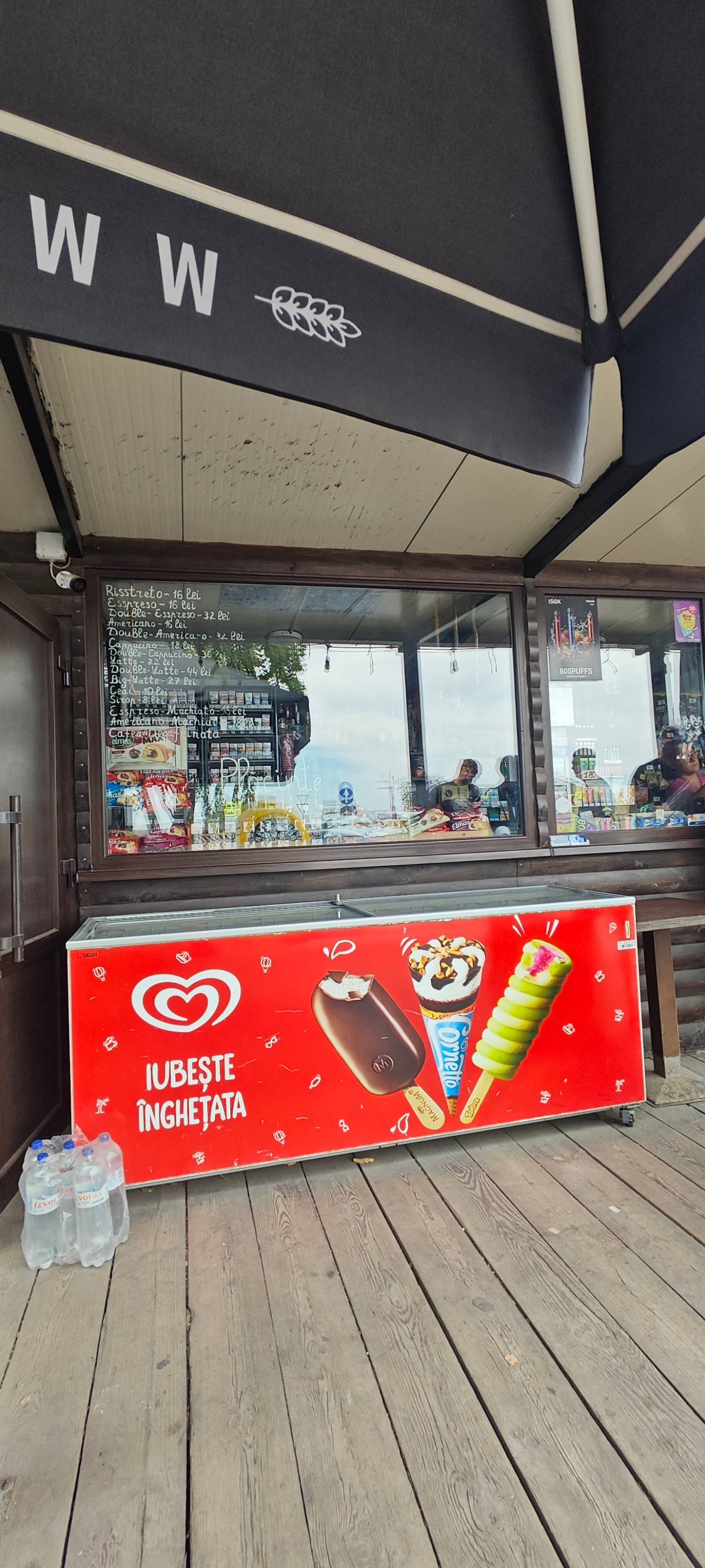 Ice cream kiosk storefront with red branded signage and window display