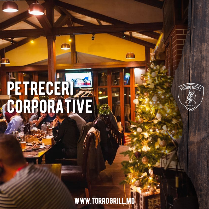 Warm interior of Petreceri Corporative venue with festive lighting and dining setup