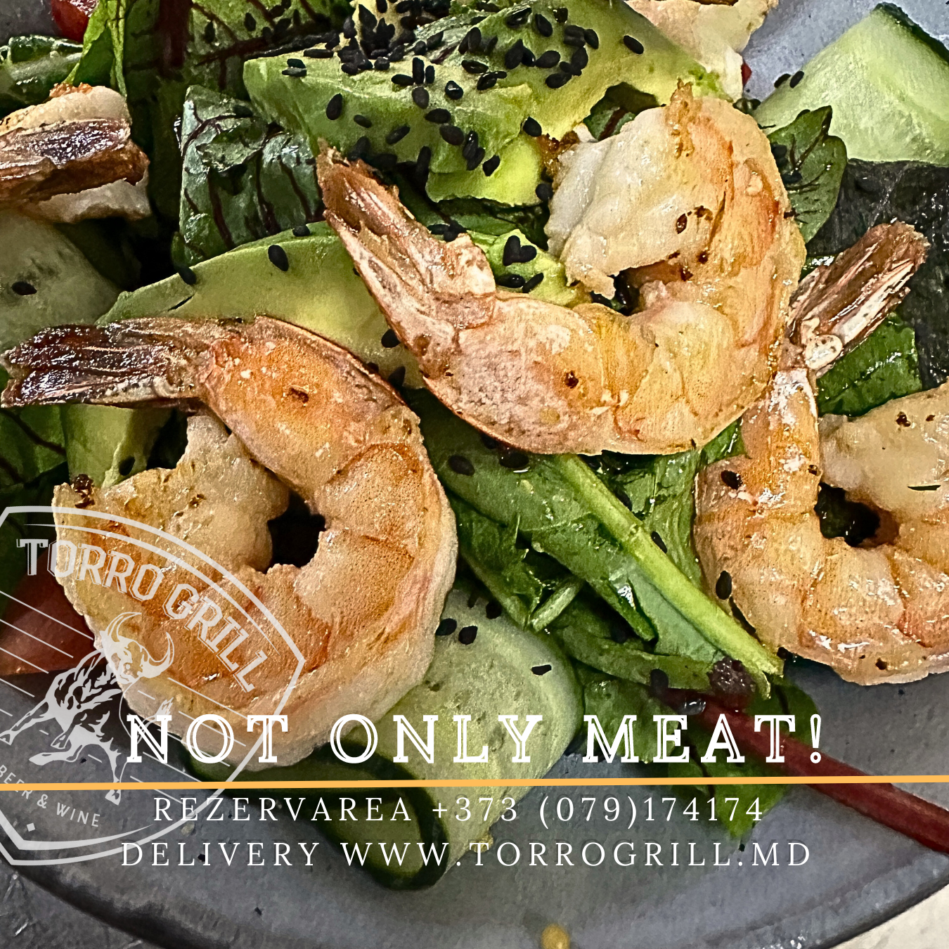 Grilled shrimp with greens and onions plated on dark tableware