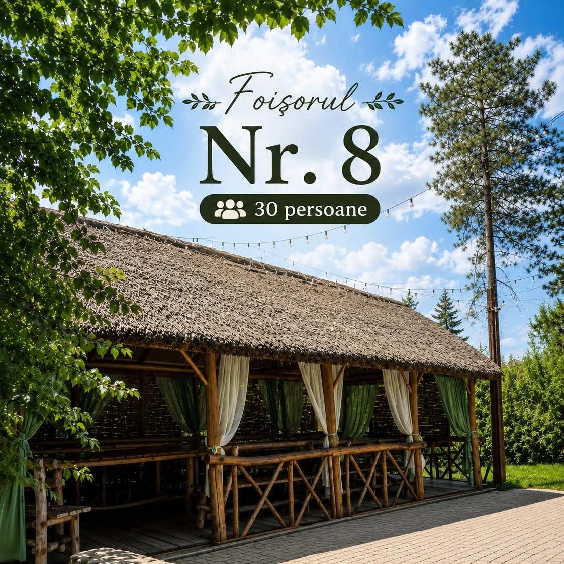 Thatched-roof pavilion with wooden railings, capacity 30 guests, surrounded by mature trees