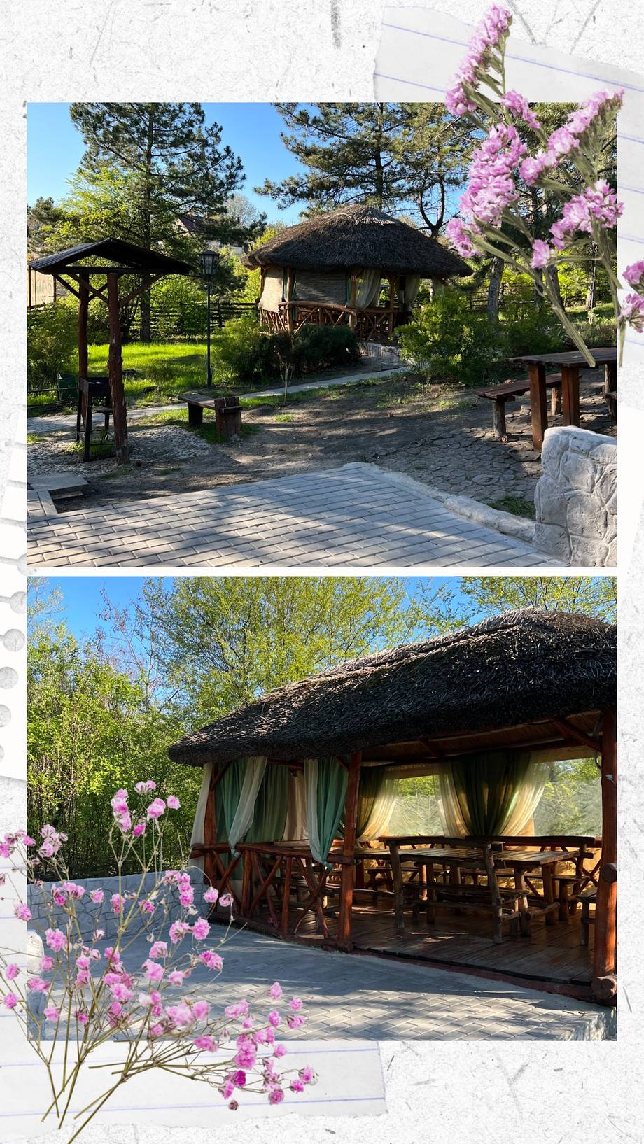 Outdoor terrace with thatched gazebo, pink flowers, and wooden seating areas