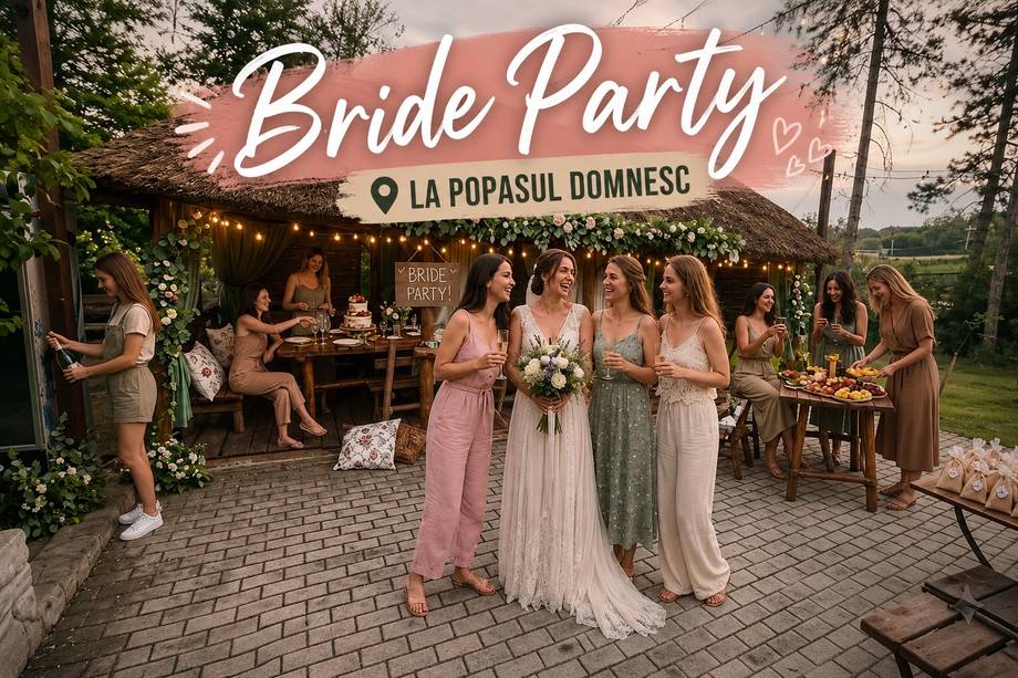 Bride party at La Popasul Domnesc outdoor terrace with string lights and garden setting