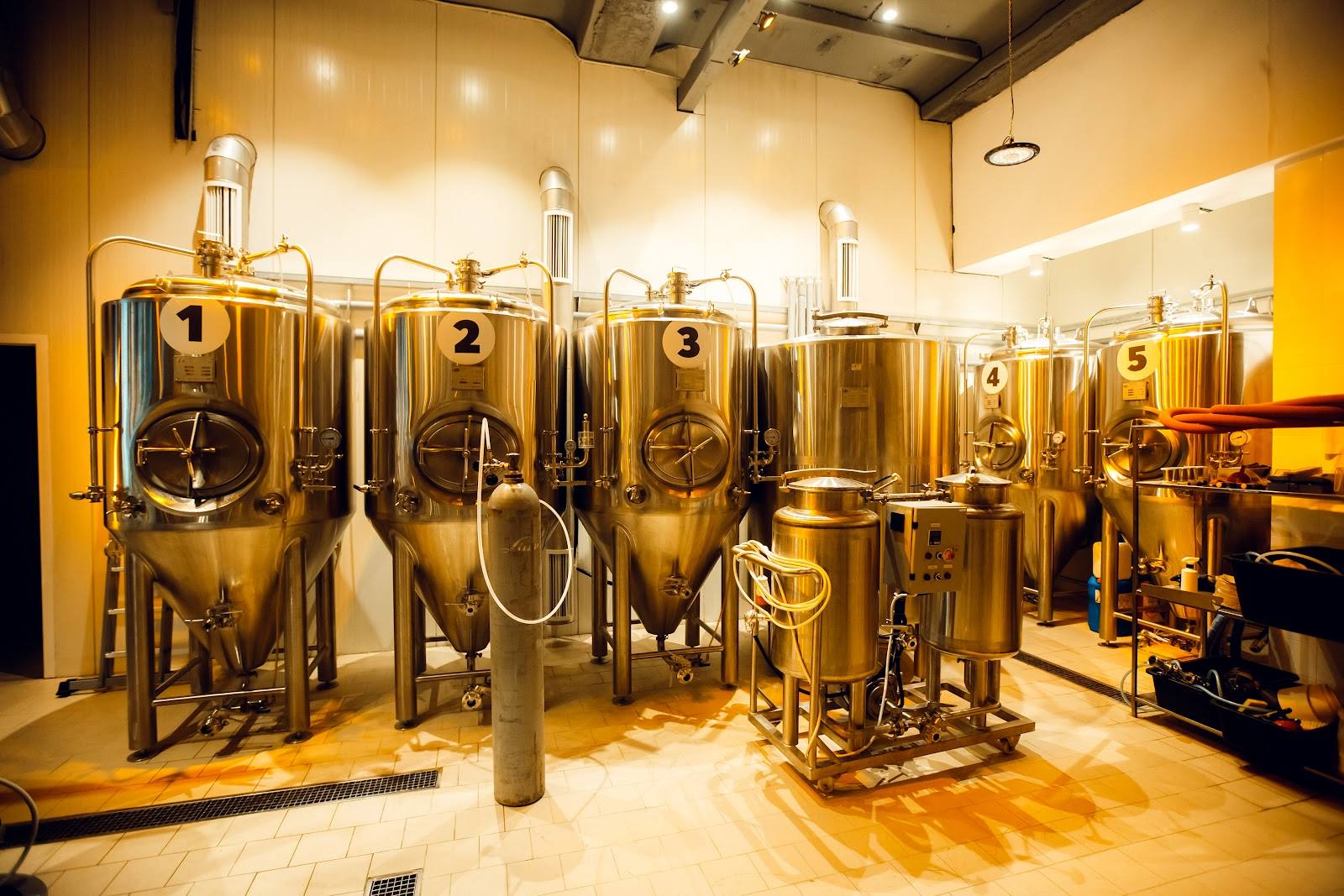 Modern brewery or winery production facility with stainless steel fermentation tanks