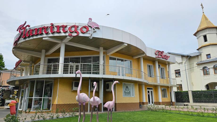 Quirky retro-style entertainment venue with pink flamingo sculptures and castle tower