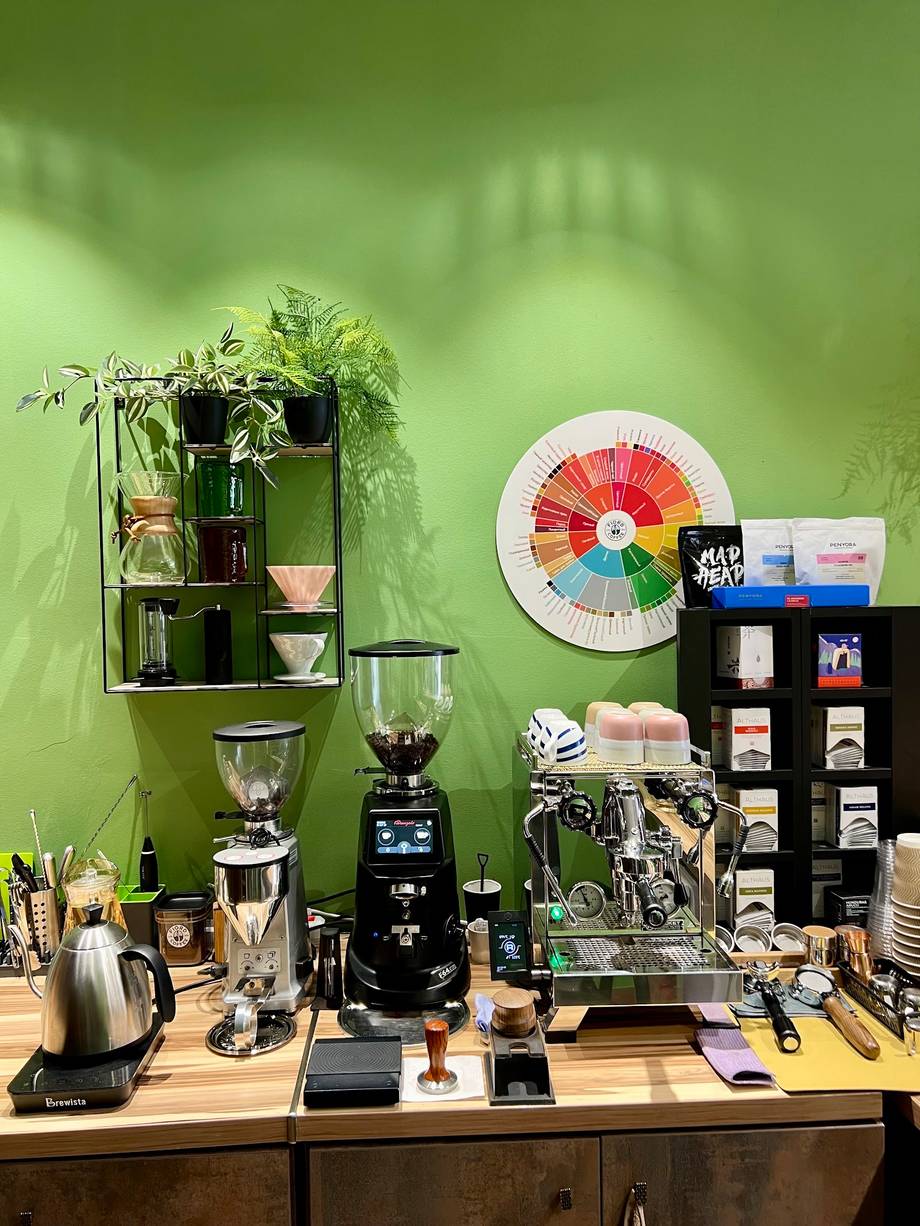 Product display counter with kitchen appliances and beauty/wellness items against green wall