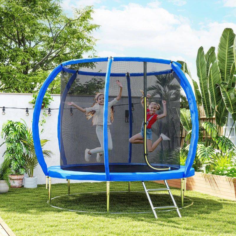 Blue trampoline with safety enclosure in outdoor garden setting