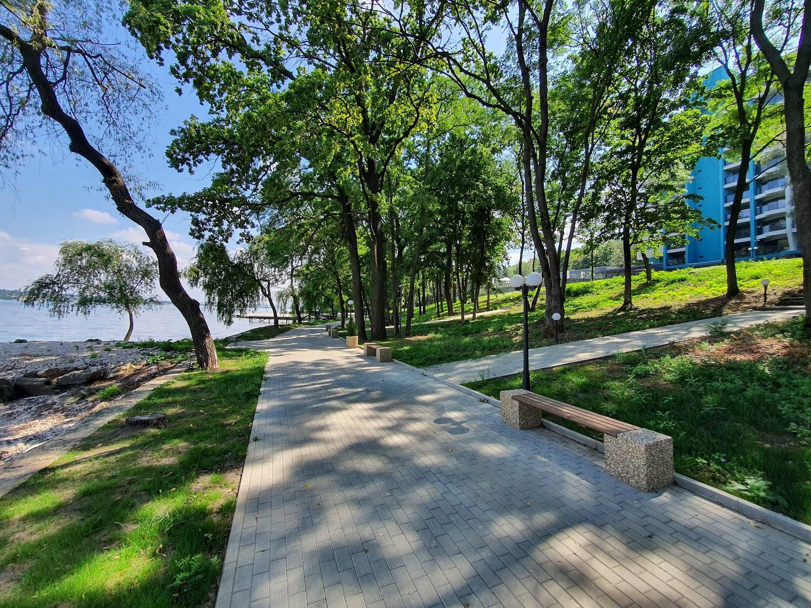 Waterfront promenade with mature trees and modern amenities overlooking the river