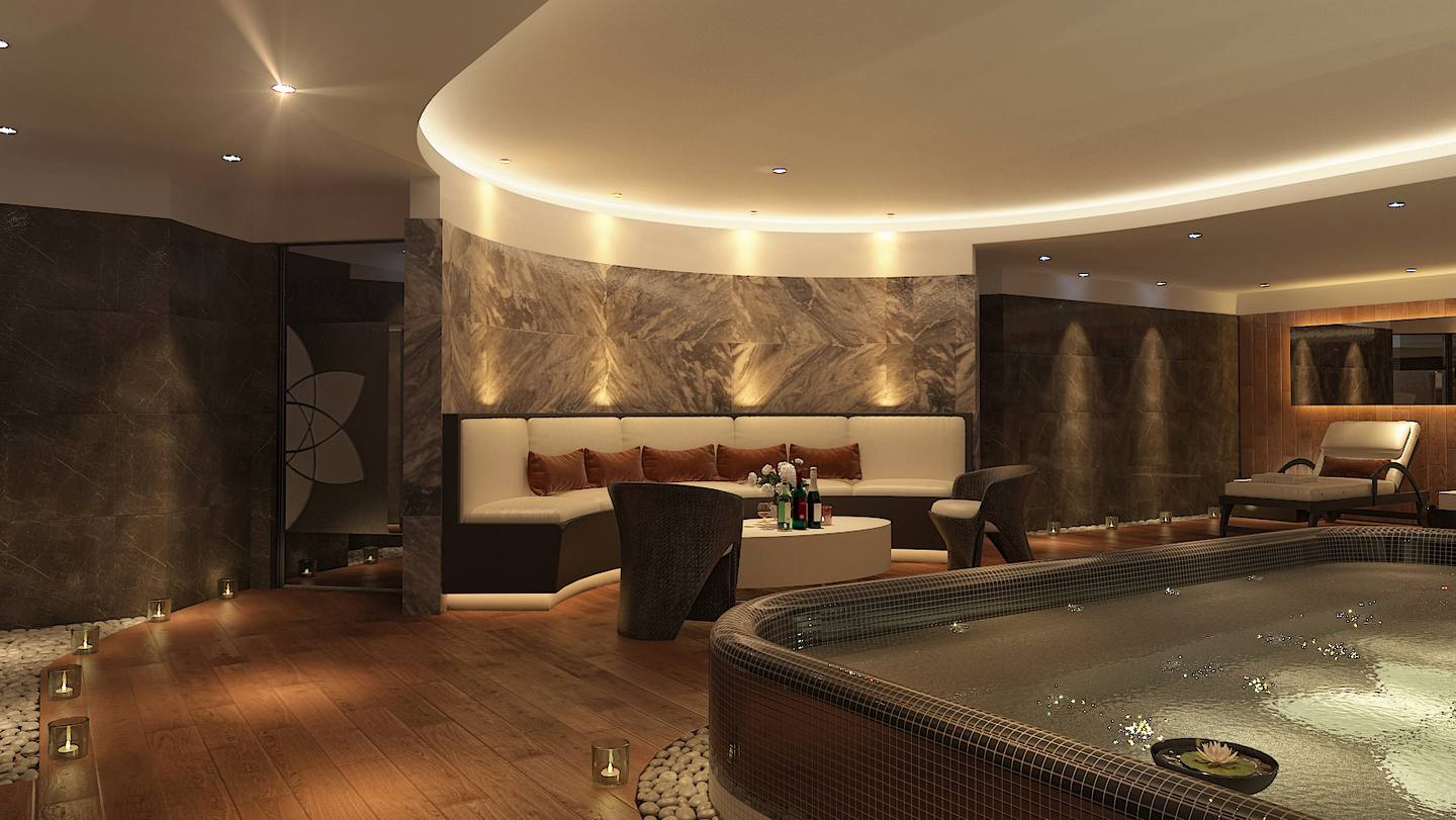 Luxury spa interior with relaxation lounge and heated pool area