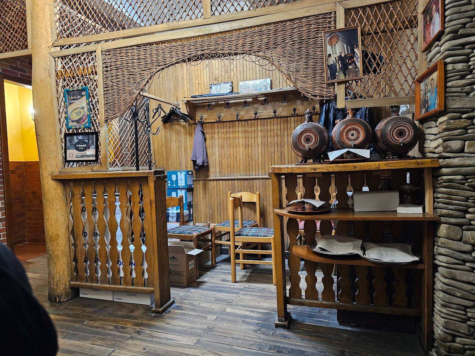 Rustic wooden interior with traditional crafts display and workshop setup