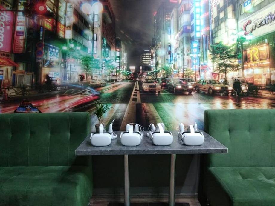 Table setting with bowls against urban street mural backdrop