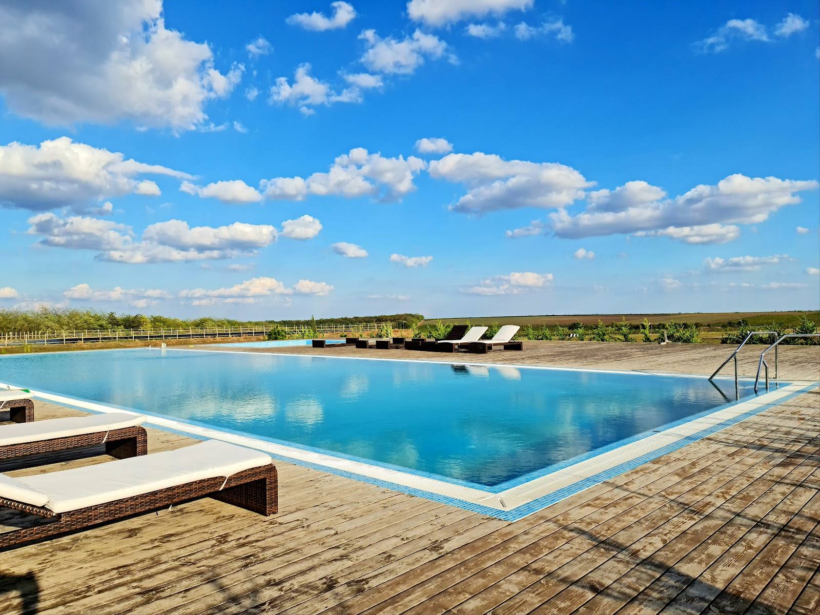 Stunning resort pool with wooden deck overlooking a natural landscape under clear blue sky