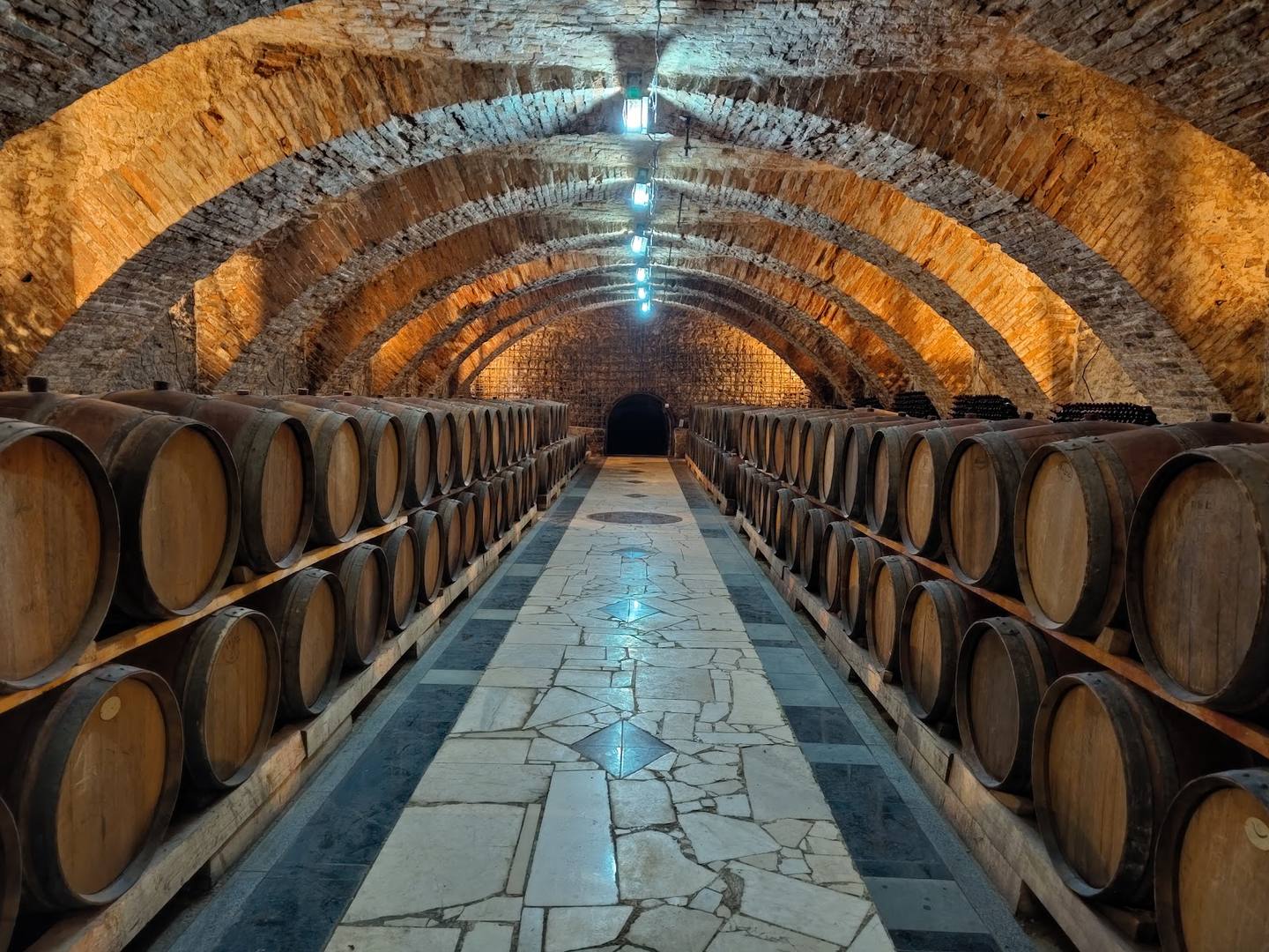 Wine cellar with barrel aging room under arched stone vault