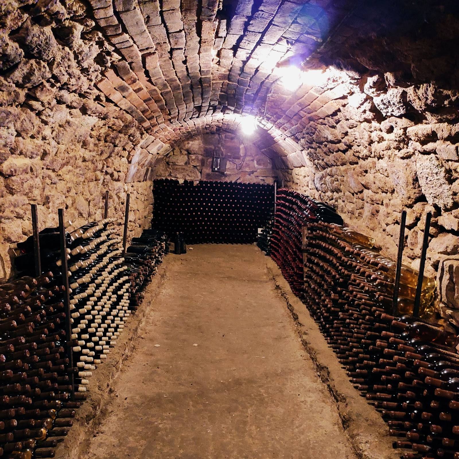 Stone-vaulted cellar corridor with wine bottles stored in earth walls and dramatic lighting